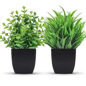 lot 13698 image: Der Rose 2 Packs Fake Plants Small Artificial Potted Plants Faux Plants in Black Pots for Home Office Desk Bathroom Decor Indoor