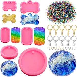 lot 14000 image: 6 Pieces Dog Bone Shaped Silicone Mold Set DIY Dog Bone Shaped Keychain Mold Round Epoxy Resin Mold Dog Tag Pendant Casting Mold with Blank Keychains Small Letters for Chocolate Cupcake Keychains