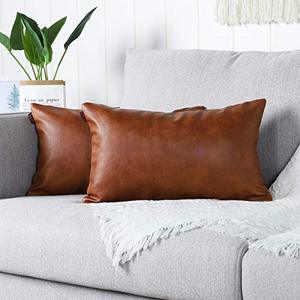 lot 14010 image: MANDIOO Set of 2 Lumbar Faux Leather Decorative Throw Pillow Covers Modern Solid Outdoor Cushion Cases Luxury Pillowcases for Couch Sofa Bed 12x20 Inches Brown
