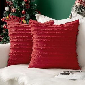 lot 14015 image: MIULEE Set of 2 Christmas Decorative Boho Throw Pillow Covers Linen Striped Jacquard Pattern Cushion Covers for Sofa Couch Living Room Bedroom 20x20 Inch Red