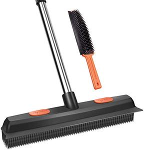 lot 14017 image: Conliwell Rubber Broom Pet Hair Removal Tool, Carpet Rake Floor Brush with Squeegee Fur, Portable Detailing Lint Remover Brush, Soft Push Broom for Fluff Carpet, Hardwood Floor, Tile, Window appears used