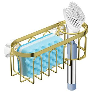 lot 14023 image: Yazoni 2-in-1 Sponge Holder for Kitchen Sink, Suction Cup Rack Caddy, No Drill Rustproof Kitchen Sink Organizer for Place Dishwashing Brush Soap and Sponge (Gold)