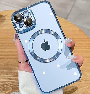 lot 14025 image: JUESHITUO Magnetic Metallic Glossy Clear for iPhone 14 Plus Case with Full Camera Cover Protection No.1 Strong N52 Magnets Military Grade Drop Protection for Women Girls Phone Case (6.7)-Blue