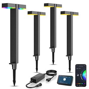 lot 14027 image: XMCOSY Low Voltage Landscape Lights, 400LM Smart Pathway Lights with APP Control, Adjustable Dual-Head Warm White & RGB, Works with Alexa, 12V 8W Outdoor Lights for Garden Lawn Walkway(4 Pack)