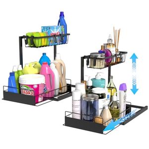 lot 14032 image: Bukfen Under Sink Organizer,Height Adjustable Pull Out Cabinet Organizer 2-Tier Slide Out Sliding Shelf Under Cabinet Storage Multi-Use for Under Kitchen Bathroom Sink Organizers and Storage,2 Pack