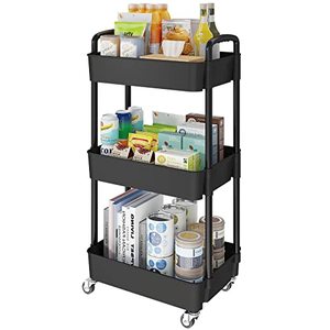lot 14034 image: Laiensia 3-Tier Storage Cart,Multifunction Utility Rolling Cart Kitchen Storage Organizer,Mobile Shelving Unit Cart with Lockable Wheels for Bathroom,Laundry,Living Room,With Classified Stickers,Black