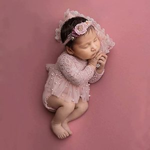 lot 14041 image: Pink Lace Newborn Photography Outfits Girl Newborn Photography Props Pearl Lace Rompers Newborn Girl Lace Romper Photoshoot Outfits Baby Photo Props (Long Sleeve, Pink, 0-2Months)
