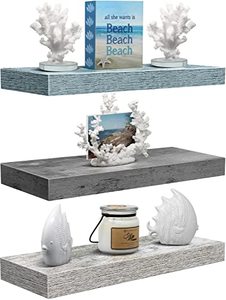 lot 14043 image: Sorbus Floating Shelves for Wall - 3 Pack Coastal Beach Wall Decor for Bedroom, Bathroom, Living Room, Office, Home & Kitchen - WhiteGreyBlue Rustic Wood Hanging Wall Shelf for Books, Frames, Trophy