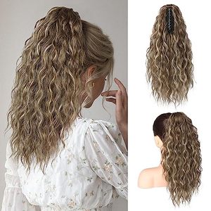 lot 14047 image: BRIKABIA 16� Ponytail Extension, Claw Clip In Pony Tails Hair Extensions Multi Layered Long Wavy Curly Ponytail Clip On Fake Hair Soft Natural Synthetic Hairpieces for Women Daily - Medium Brown Ash Blonde