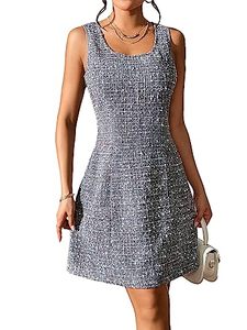 lot 14048 image: SOLY HUX Womens Plaid Tweed Square Neck Sleeveless A Line Shift Tank Mini Dress Plain Grey M