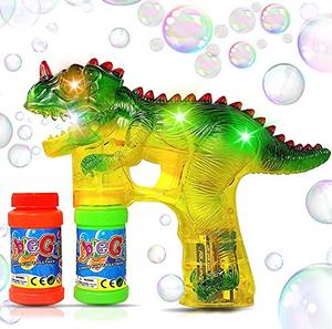 lot 14049 image: Dinosaur Bubble Gun Light Up Bubbles Shooter, Battery Operated Bubble Maker Toy for Toddlers & Kids, Sound-Free (Extra Refill Bottle and Batteries Included)