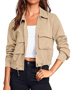 lot 14057 image: Onedreamer Womens Military Safari Cropped Jackets Button Down Lightweight Oversized Utility Anorak Coat with Pockets