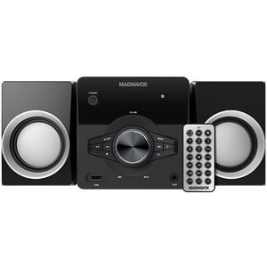 lot 5162 image: Magnavox MM442 3-Piece Top Loading CD Shelf System with Digital PLL FM Stereo Radio, Bluetooth Wireless Technology, and Remote Control in Black  Blue Lights  LED Display  AUX Port Compatible 