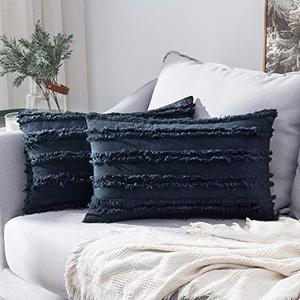 lot 13142 image: MIULEE Set of 2 Decorative Boho Throw Pillow Covers Linen Striped Jacquard Pattern Cushion Covers for Sofa Couch Living Room Bedroom 12x20 Inch Navy Blue