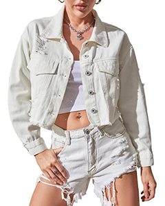 lot 13143 image: YILANUOYI Womens Distressed Cropped Denim Jean Jacket Long Sleeve with Pocket(S102 White M)