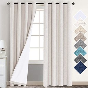 lot 13144 image: Flamingo P 100% Blackout Curtains Textured Linen Curtains for Bedroom Energy Saving Window Treatment Grommet Burlap Curtain Drapes Thermal Insulated White Liner, 2 Panels, 52 x 84 Inch, Ivory