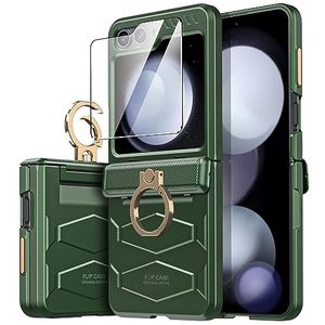 lot 13151 image: GooseBox for Samsung Galaxy Z Flip 5 Case, Ring Holder & Hinge Protection & Bulit-in Small Screen Protector 360°Adjustable Kickstand Full Body Rugged Shockproof Armor Case for Galaxy Flip 5 (Green)