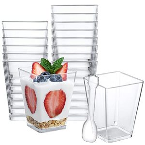 lot 13153 image: SHOPDAY 5oz Plastic Dessert Cups 100 Pack Small Clear Square Parfait Cups with Spoons, Mini Plastic Tumbler Serving Cups for Tasting Party Appetizers Mousse Yogurt