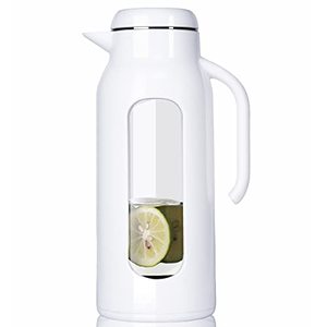 lot 13162 image: Delove 85oz2.5 Liter Glass Water Pitcher with Lid and Shatterproof Shell - Iced Tea Pitcher&Carafe - Heat Resistant Glass Jug Water Carafe with Handle for Juice, Cold or Hot Beverages -White