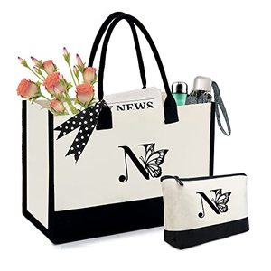 lot 13166 image: BeeGreen Initial Canvas Gifts for Women w Makeup Bag Birthday Gifts for Women w Butterfly Embroidery Monogram Tote Bag for Women w Pocket Personalized Gifts for Women Mother 13oz Canvas N
