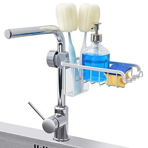 lot 13171 image: TOOLF Sponge Holder Kitchen Sink Caddy, Aluminum Over Faucet Rack with Brush Holder and 2 Hooks, Hanging Sink Organizer for Scrubbers, Dishwand, Dish Cloth, Soap, Sink Stopper on Kitchen, Bathroom