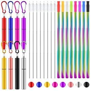 lot 13173 image: 8 Pcs Collapsible Portable Reusable Straws Stainless Steel Straw Travel Straw Reusable Drinking Straws, Silicone Straw Tip, Cleaning Brushes and Keychain (Rainbow Color, Classic Style)