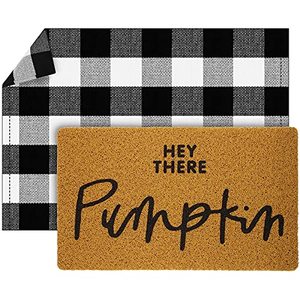 lot 13177 image: Fabbay 2 Pcs Doormat Home Imitation Coir Autumn Thanksgiving Halloween Doormat with Rubber Non Slip Backing Checkered Buffalo Plaid Rug for Layering Decor Front Door Entrance Mat (Hey There Pumpkin)