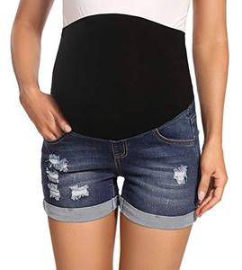 lot 13183 image: Foucome Maternity Denim Shorts Over Bump Ripped Distressed Roll Hem Blue Jean Shorts Comfy Summer Pregnancy Shorts(Dark Blue, M)