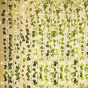 lot 13186 image: KASZOO 84Ft 12 Pack Artificial Ivy Garland Fake Plants, Vine Hanging Garland with 80 LED String Light, Hanging for Home Kitchen Garden Office Wedding Wall Decor, Green