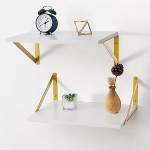 lot 13203 image: Axeman Floating Shelves White and Gold, 12 Inch Deep Wall Mounted Shelves Set of 2, White Wood Wall Shelves with Golden Brackets for Bedroom Bathroom Living Room Kitchen, White & Gold