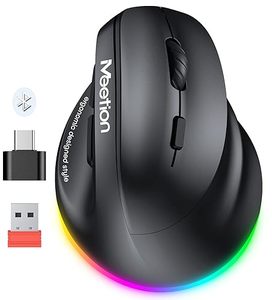 lot 13206 image: MEETION Ergonomic Mouse, Wireless Vertical Mouse RGB Backlit Rechargeable Mice for Bluetooth(5.2  3.0) & USB-A with USB-C Adapter 4 Adjustable DPI Compatible MacWindowsAndriodPCTabletiPad Black