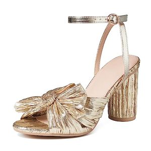 lot 13209 image: VIMISAOI Womens High Block Chunky Heel Sandals Fashion Open Toe Ankle Buckle Strap Pleated Bow Heel Sandals Wedding Dress Shoes Pumps