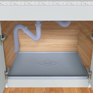 lot 13210 image: Eapele Under Sink Mat Kitchen Cabinet Tray,34x22,Flexible Waterproof Silicone Made, Hold up to 3.3 Gallons Liquid (Gray)