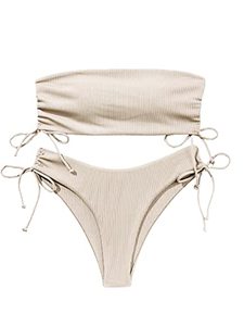 lot 13221 image: MakeMeChic Womens 2 Piece Bandeau Swimsuits Tie Side Ribbed Bikini Set Tankini Apricot M