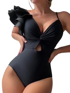 lot 13224 image: SOLY HUX Womens Onepiece Swimsuit Ruffle Trim Twist Front Bathing Suit Swimwear Solid Black S