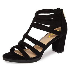 lot 13229 image: FSJ Women Chunky Mid High Heel Sandals Open Toe T-Strap Pumps Cutout Dress Party Office Shoes Elastic Back Zipper Size 12 Black