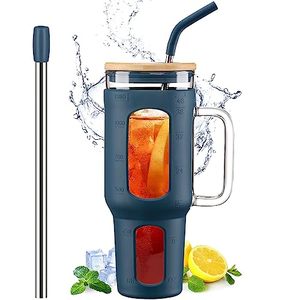 lot 13231 image: WINSA Glass Tumbler with Lid and Straw, 46 oz Iced Coffee Cup with Handle, Glass Water Bottles with Silicone Sleeve, glass cup with Straws - Boba Straw & Drinking Straw BPA Free-Blue
