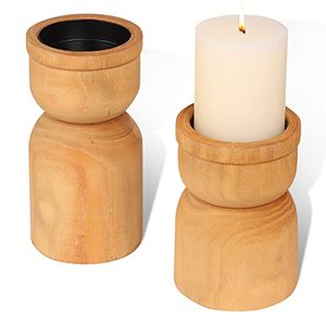lot 13232 image: Uziass Wood Candle Holders for Pillar Candles, Pack 2 Farmhouse Wooden Pillar Candle Holder Rustic Candlesticks Holders Traditional Pillar Candle Stand for Table Centerpiece Dinning Mantel Home Decor