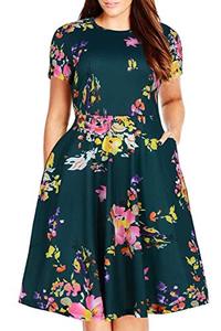 lot 13238 image: Nemidor Womens Round Neck Summer Casual Plus Size Fit and Flare Midi Dress with Pocket (22W, 129Green Print)