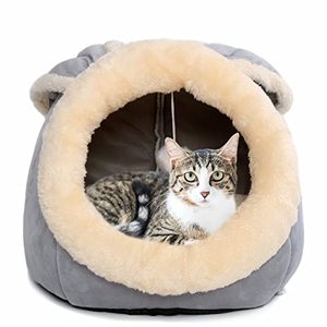lot 13249 image: Beds for Indoor Cats - with Anti-Slip Bottom, Rabbit-Shaped Dog Cave with Hanging Toy, Puppy Bed with Removable Cotton Pad, Super Soft Calming Pet Sofa (Grey Small)
