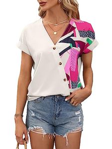 lot 13254 image: SOLY HUX Blouses for Women 2023 Short Sleeve Blouse V Neck Button Gauze T Shirts Summer Tunic Tops Casual Tees Pink Multi M