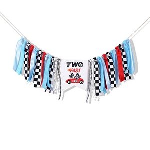 lot 13259 image: YESSWL Two Fast Birthday High Chair Banner - 2 Fast Birthday Decorations, Red Retro Racing Checkered Flag Two Fast Two Curious Birthday Decorations2nd Birthday Decorations for Boys (Two Fast)