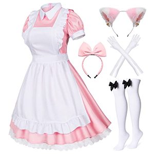 lot 13261 image: Wannsee Japanese Anime 6Pcs Lolita French Maid Apron Fancy Dress Cosplay Costume Gloves Headwear Socks set(Pink Plus size 4XL)