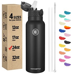 lot 13267 image: Hans Bottle Sports Water Bottle - 24 Oz, Straw Lid, Leak Proof, Vacuum Insulated Stainless Steel, Double Walled, Thermo Mug,Black