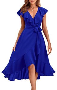 lot 13709 image: PRETTYGARDEN Womens Summer Wrap Maxi Dress Casual Boho Deep V Neck Short Sleeve Ruffle Hem Split Beach Long Dresses (Blue,Large)