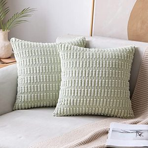 lot 13711 image: MIULEE Pack of 2 Corduroy Decorative Throw Pillow Covers 16x16 Inch Soft Boho Striped Pillow Covers Modern Farmhouse Home Decor for Spring Sofa Living Room Couch Bed Light Green