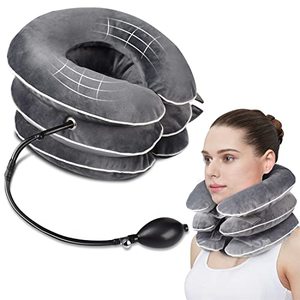 lot 13715 image: CW-NCFAF Neck Stretcher for Neck Pain Relief and Spinal Pressure, Portable Neck Traction Device, Home Inflatable Adjustable Size Neck Brace, Grey