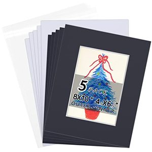 lot 13719 image: Acid-Free 5 Pack 8x10 Pre-Cut Mat Board Show Kit for 5x7 Photos, Prints or Artworks, 5 Core Bevel Cut Matts and 5 Backing Boards and 5 Crystal Plastic Bags, Black