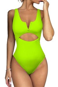 lot 13723 image: Meyeeka Monokini Swimsuits for Women One Piece Bathing Suit for Women High Waist Tummy Control Swimsuits Neon Green L