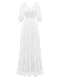 lot 13724 image: DRESSTELLS Long Formal White Dresses for Women 2023 Wedding Guest Chiffon Cape Sleeve Party Fall Dress Bridesmaid Homecoming Evening Dresses Prom White 2XL